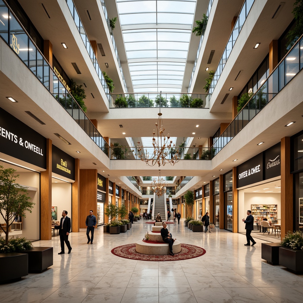 Prompt: Luxurious shopping mall, marble floors, high ceilings, grand atriums, elegant staircases, upscale retail stores, designer brand logos, polished metal railings, modern chandeliers, soft warm lighting, shallow depth of field, 3/4 composition, panoramic view, realistic textures, ambient occlusion.