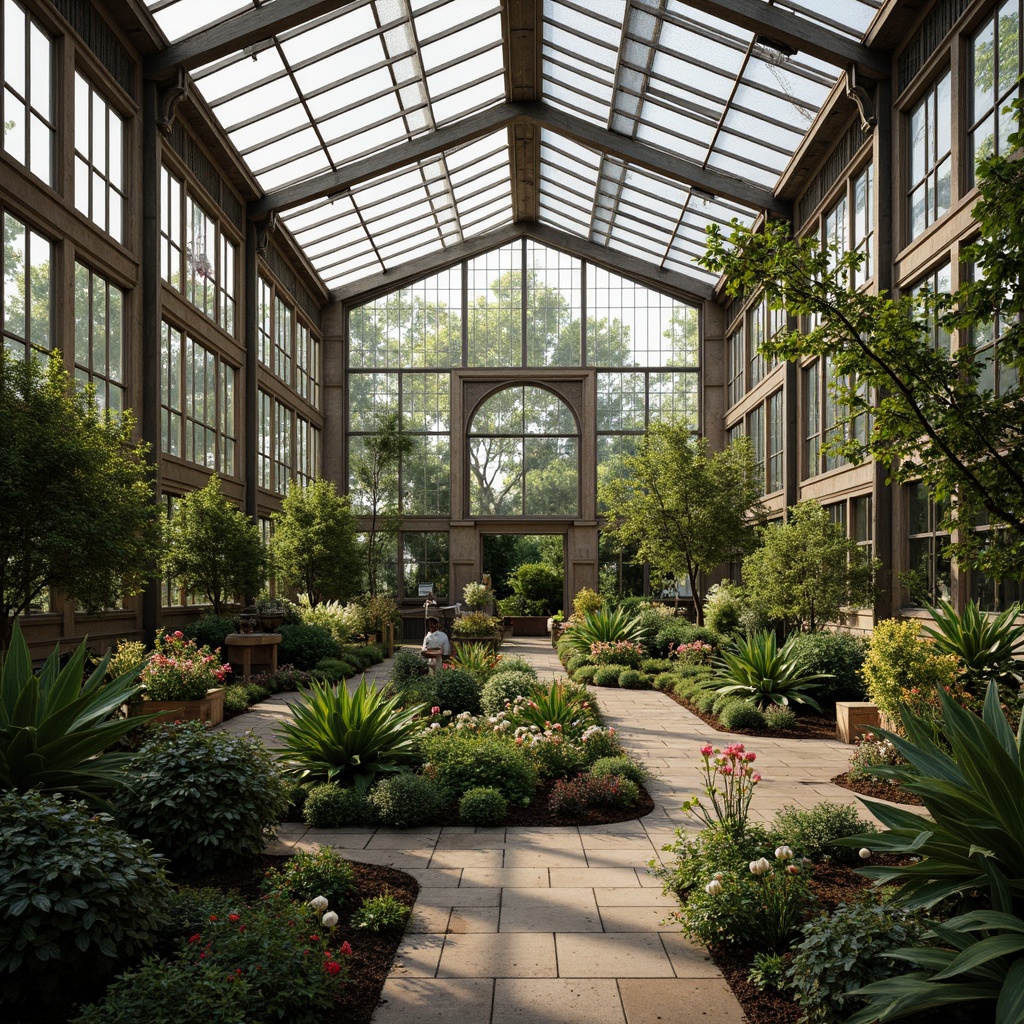 Prompt: Elegant Victorian-style greenhouse, ornate metal frames, lush greenery, exotic plants, natural ventilation systems, operable roof windows, clerestory windows, skylights, automated shading systems, misting irrigation systems, rustic wooden accents, distressed finishes, vintage gardening tools, floral patterns, soft warm lighting, shallow depth of field, 1/2 composition, realistic textures, ambient occlusion.