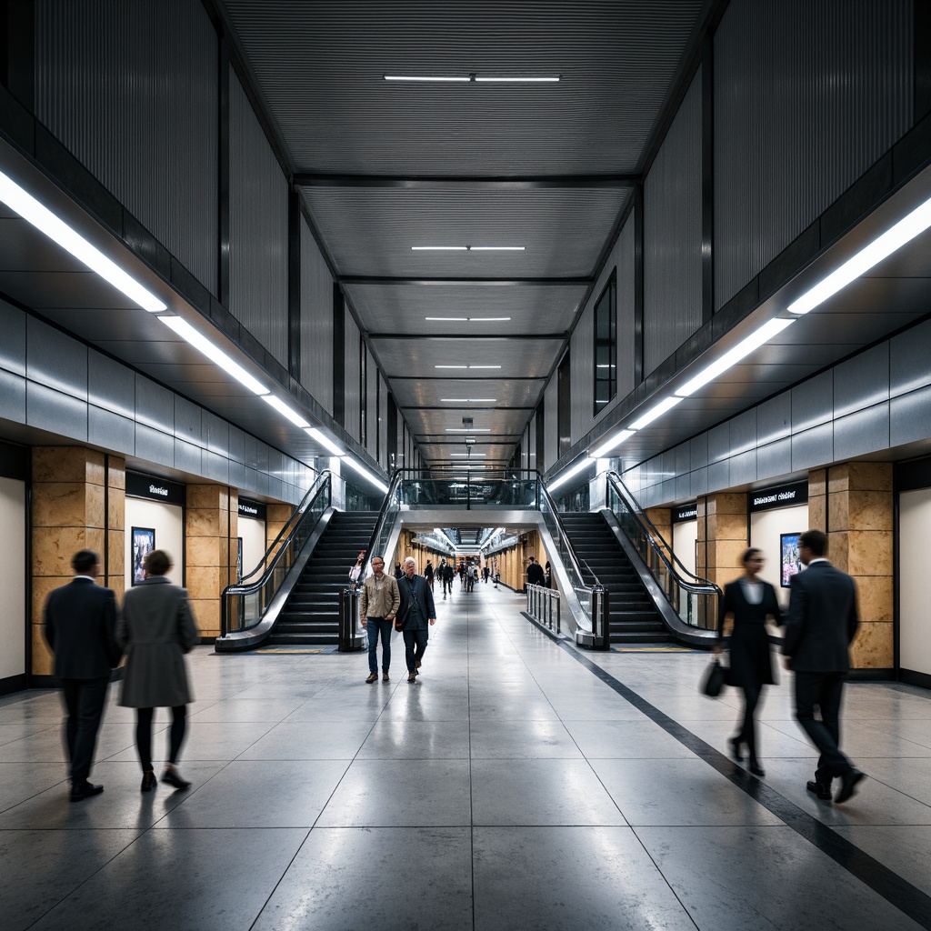 Prompt: Modern metro station, transitional style, sleek lines, industrial chic, polished concrete floors, metallic accents, LED lighting strips, futuristic ambiance, high-traffic areas, durable materials, slip-resistant surfaces, geometric patterns, urban atmosphere, bustling crowd scenes, natural stone walls, stainless steel railings, grand entrance halls, elevated platforms, dynamic architecture, 1/1 composition, low-angle shots, dramatic lighting effects.