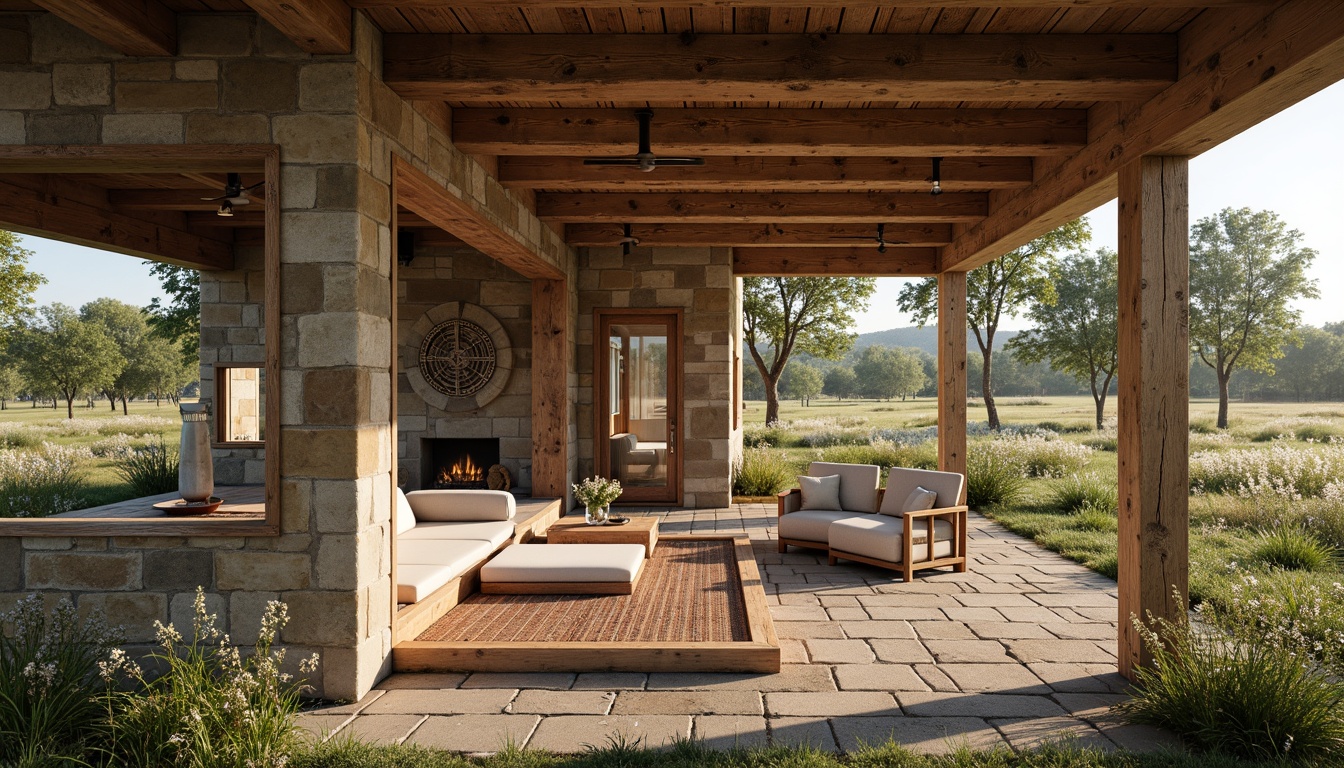 Prompt: Rustic farmhouse, wooden accents, natural stone walls, reclaimed wood beams, earthy color palette, woven textiles, vintage metal decor, distressed finishes, lush greenery, wildflowers, rural landscape, sunny day, soft warm lighting, shallow depth of field, 3/4 composition, panoramic view, realistic textures, ambient occlusion.