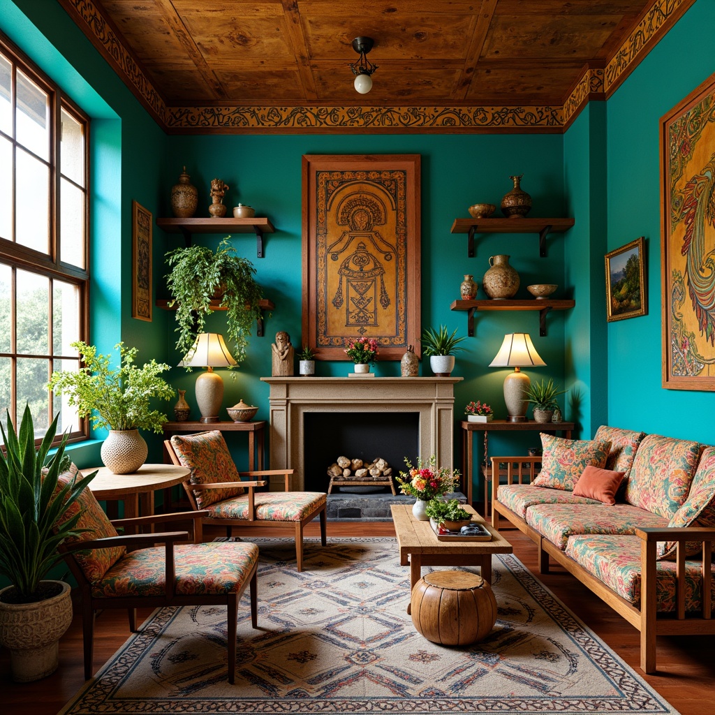 Prompt: Vibrant eclectic interior, bold contrasting colors, bright turquoise accents, warm golden tones, rich emerald greenery, distressed wooden textures, ornate metalwork details, vintage-inspired patterns, abstract geometric shapes, eclectic furniture pieces, global cultural influences, Moroccan tile work, Indian print fabrics, African wood carvings, Bohemian-chic ambiance, soft natural lighting, 1/1 composition, intimate atmosphere, realistic material renderings.