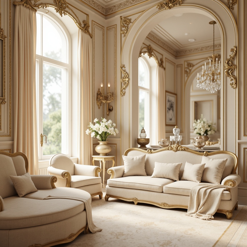 Prompt: Soft pastel hues, creamy whites, warm beige tones, luxurious gold accents, ornate details, intricate patterns, delicate florals, lavish fabrics, velvety textures, subtle sheen, gentle reflections, refined elegance, opulent ambiance, Baroque-inspired motifs, whimsical curves, dramatic lighting, atmospheric mist, 1/2 composition, shallow depth of field, warm color temperatures.