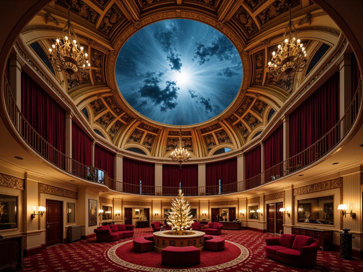 Prompt: Baroque-inspired planetarium dome, ornate gold filigree, delicate crystal chandeliers, celestial starry night sky, velvet drapes, intricately carved wooden panels, gilded accents, curved lines, Rococo-style furniture, plush red velvet seating, dramatic spot lighting, soft warm ambiance, shallow depth of field, 1/1 composition, symmetrical layout, realistic textures, ambient occlusion.