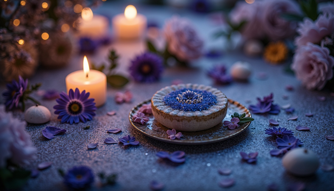 Prompt: Dreamy blue violet hues, soft peach undertones, creamy whites, rich charcoal grays, metallic silvers, luxurious velvet textures, ornate gold accents, whimsical florals, delicate lace patterns, romantic candlelight, warm sunset glow, shallow depth of field, 1/1 composition, intimate atmosphere, mystical ambiance.