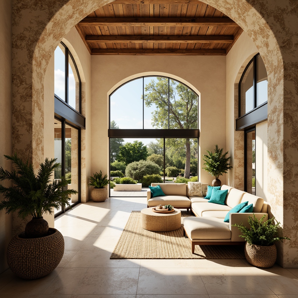 Prompt: Spacious great room, Mediterranean style, open floor plan, high ceilings, large windows, natural stone walls, warm beige tones, rustic wood accents, plush furniture, soft cushions, vibrant turquoise accents, lush greenery, potted plants, sunny day, soft warm lighting, shallow depth of field, 3/4 composition, panoramic view, realistic textures, ambient occlusion.