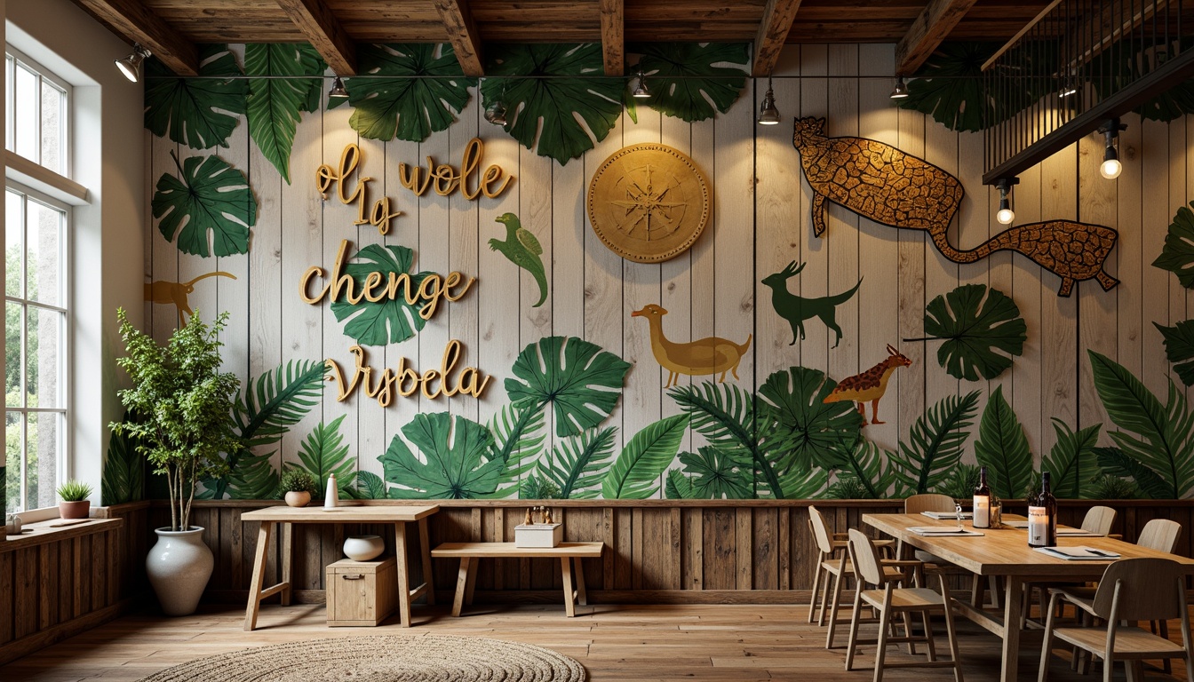 Prompt: Wildlife-inspired wall murals, jungle leaf patterns, exotic animal prints, distressed wood textures, reclaimed wooden planks, earthy color palette, natural stone accents, organic shapes, whimsical illustrations, playful typography, 3D sculpted elements, rustic metal fixtures, nature-infused ambiance, warm soft lighting, shallow depth of field, 1/2 composition, cinematic view.