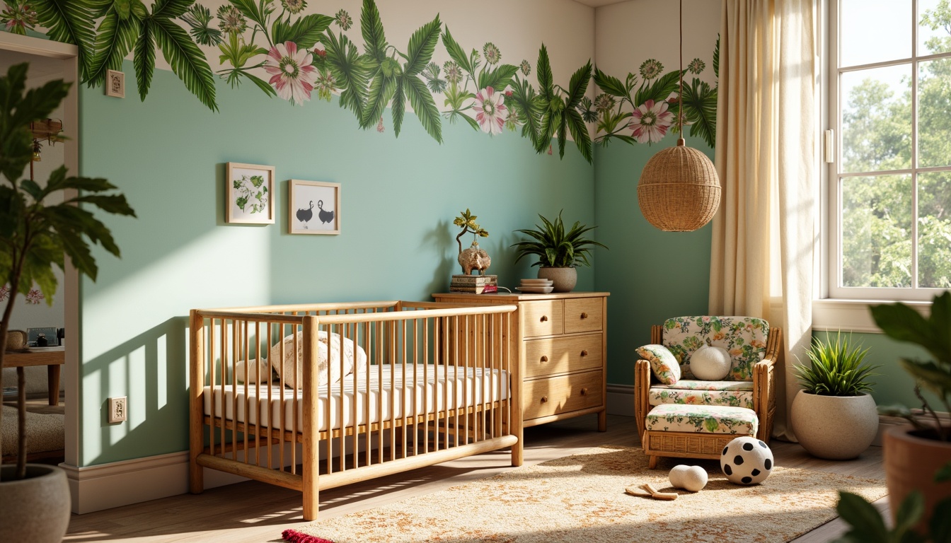 Prompt: Vibrant tropical baby room, woven rattan crib, plush leaf-patterned rug, soft pastel-colored walls, natural wood furniture, exotic floral textiles, colorful tassel trim, whimsical palm tree mobile, warm beige curtains, delicate lace details, creamy white bedding, playful monkey and bird prints, lush greenery, sunny afternoon light, shallow depth of field, 1/1 composition, cozy reading nook, ambient occlusion.