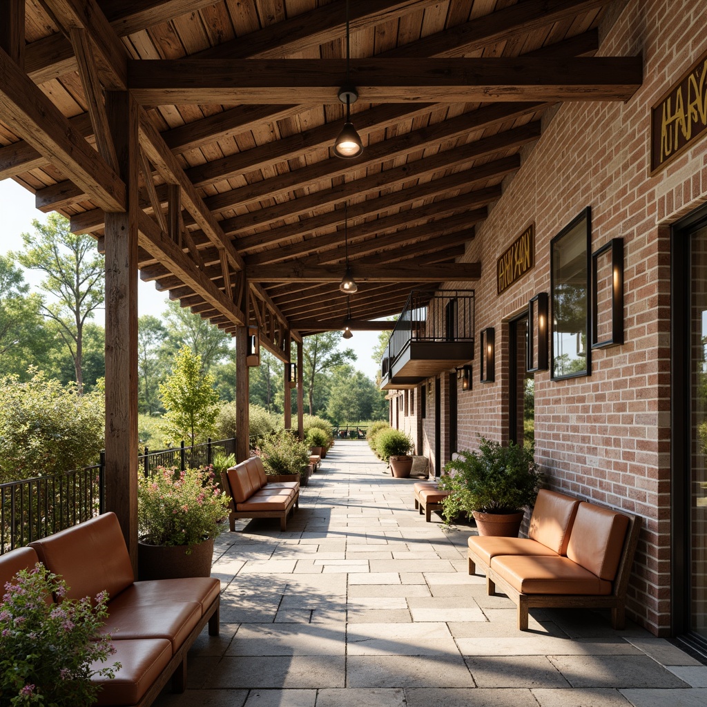 Prompt: Rustic bus station, farmhouse style, wooden beams, exposed brick walls, earthy tones, natural stone flooring, reclaimed wood accents, vintage metal signs, distressed leather benches, pendant lanterns, warm cozy lighting, shallow depth of field, 1/1 composition, realistic textures, ambient occlusion, lush greenery, blooming flowers, sunny day, soft warm lighting.