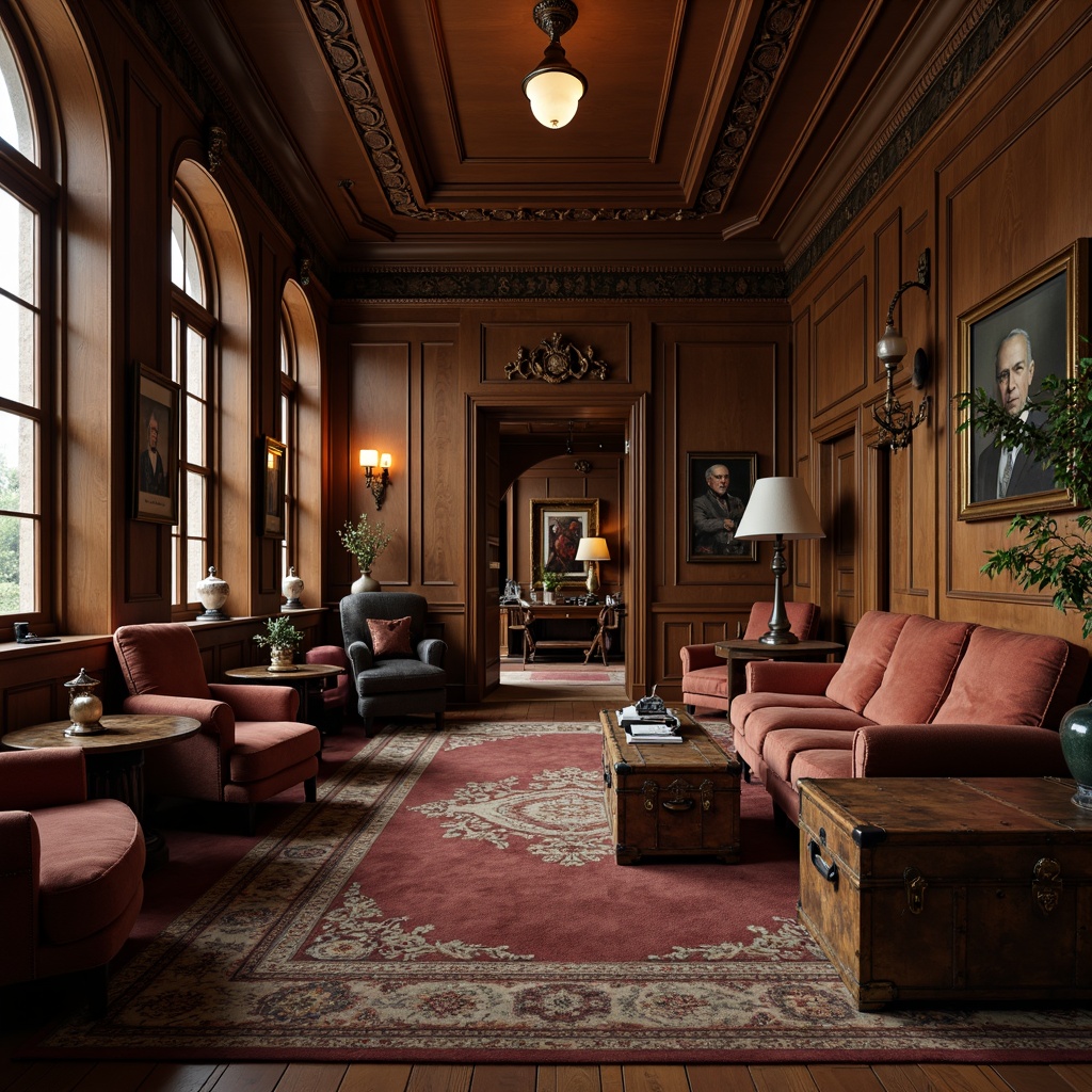 Prompt: Antique storage room, rich wood tones, ornate carvings, elegant moldings, classic furniture pieces, velvet upholstery, tufted ottomans, distressed leather trunks, vintage metal hardware, subtle gold accents, soft warm lighting, shallow depth of field, 1/1 composition, realistic textures, ambient occlusion.