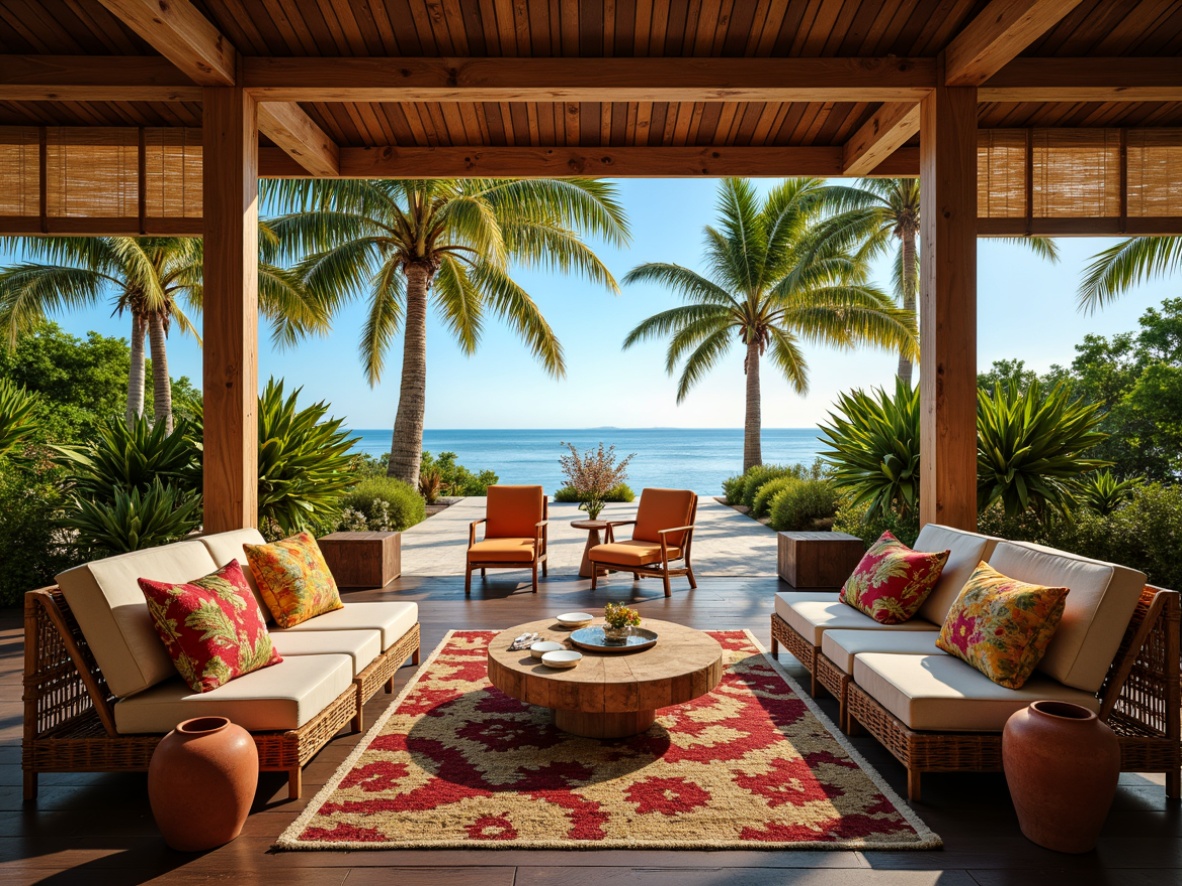 Prompt: Rustic wooden accents, woven rattan chairs, plush velvet sofas, vibrant greenery, exotic palm trees, colorful floral patterns, natural jute rugs, reclaimed wood tables, earthy terracotta vases, bamboo blinds, soft warm lighting, shallow depth of field, 3/4 composition, panoramic view, realistic textures, ambient occlusion, tropical island vibe, relaxed seaside atmosphere, sunny afternoon, gentle ocean breeze.