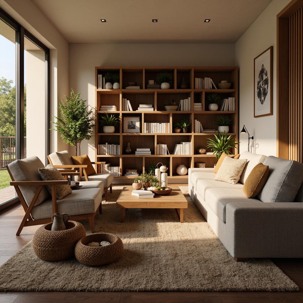 Prompt: Cozy living room, plush sofas, oversized armchairs, wooden coffee tables, woven baskets, soft cushions, velvety rugs, modern floor lamps, warm beige walls, large windows, natural light, functional shelving units, minimalist decor, comfortable reading nooks, intimate seating arrangements, earthy color palette, textured fabrics, rustic wood accents, 3/4 composition, shallow depth of field, warm warm lighting, realistic textures.