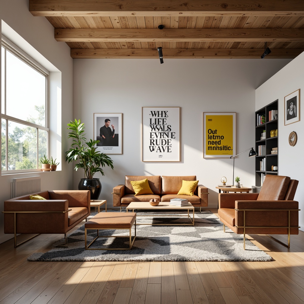 Prompt: Minimalist living room, sleek wooden floors, geometric-patterned rug, tubular steel chairs, leather upholstery, adjustable armchairs, rectangular coffee table, industrial metal lamps, functional shelving units, primary color accents, bold typography posters, natural light pouring in, soft warm ambiance, shallow depth of field, 1/1 composition, realistic textures, ambient occlusion.