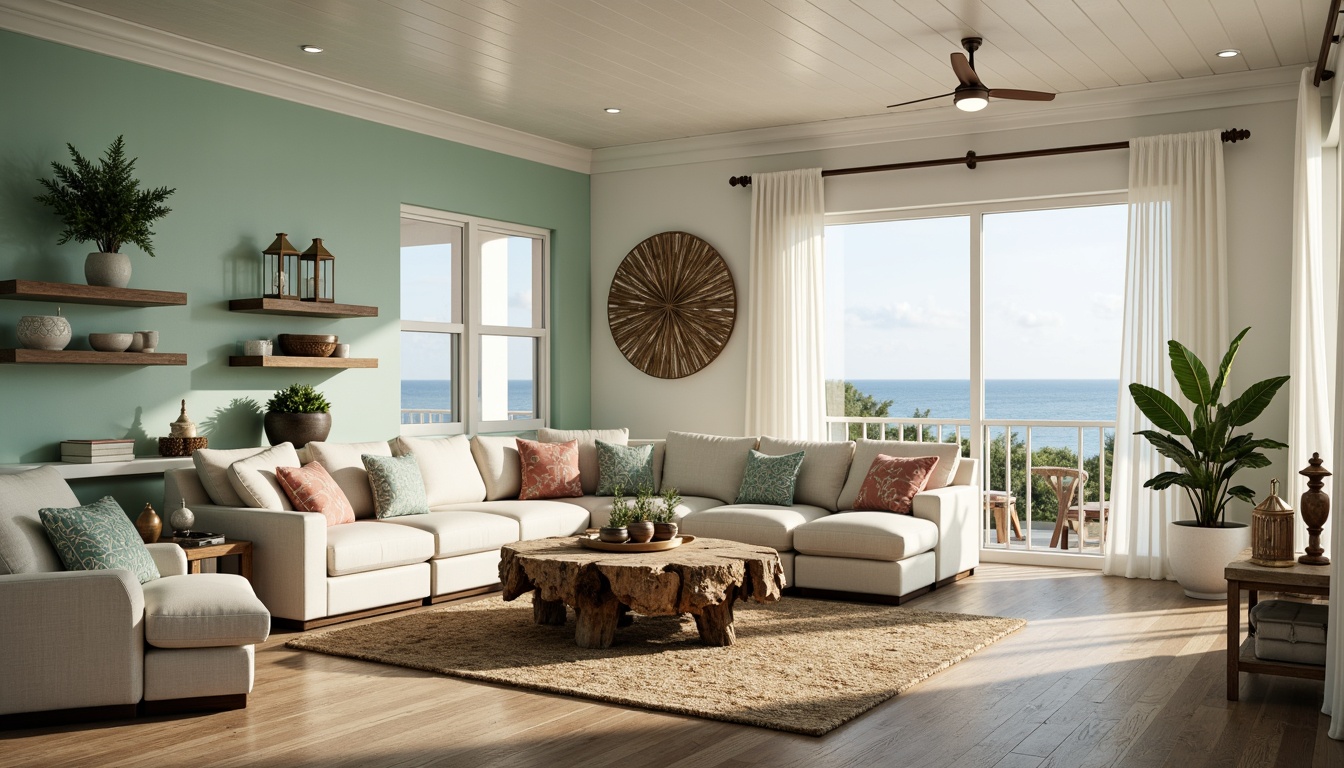 Prompt: Coastal living room, driftwood coffee table, plush sectional sofa, ocean-inspired accent pillows, natural fiber rugs, woven seagrass wall decor, coral-patterned throw blankets, distressed wood shelves, beachy lantern lighting, nautical-themed decorative accents, calming seafoam green walls, crisp white ceilings, large windows with ocean views, sheer curtains billowing in the breeze, warm sunlight streaming in, shallow depth of field, 1/2 composition, soft focus effect, realistic textures, ambient occlusion.