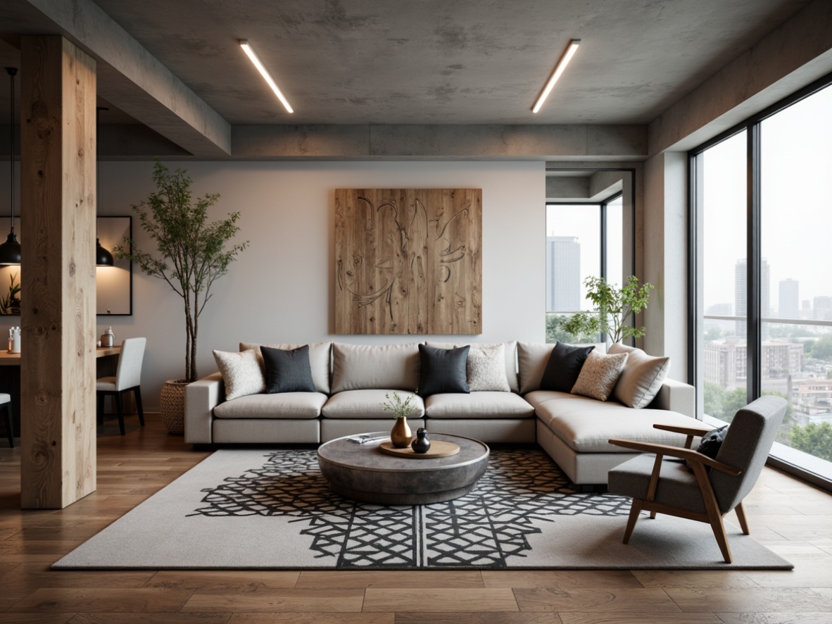 Prompt: Modern minimalist living room, sleek low-profile sofa, geometric-patterned rug, industrial-chic coffee table, metallic accents, floor-to-ceiling windows, urban loft-style architecture, neutral color palette, ambient soft lighting, shallow depth of field, 1/1 composition, realistic textures, subtle shadowing, Scandinavian-inspired wooden decor, minimalist wall art, abstract sculptures, luxurious velvet fabrics, polished marble surfaces, futuristic LED lighting, airy open space, functional modular furniture.