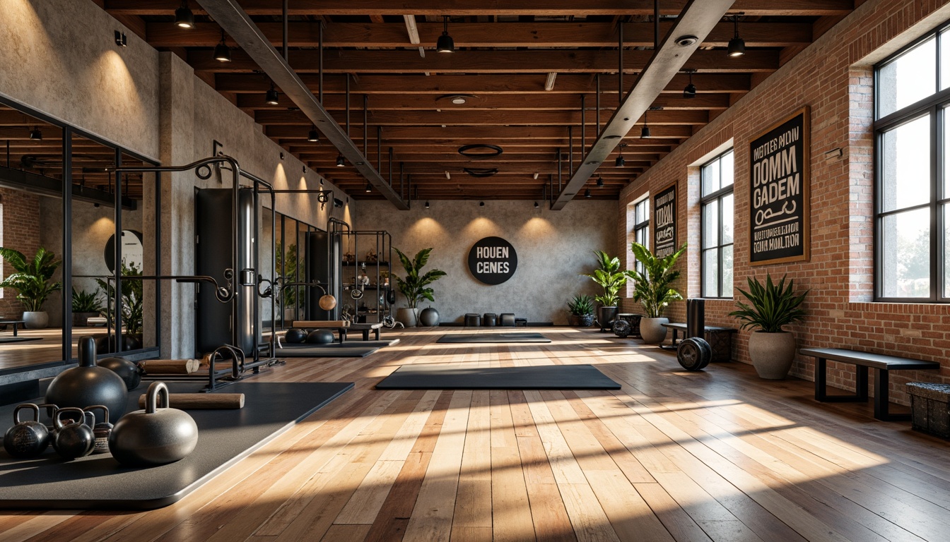 Prompt: Rustic home gym, wooden flooring, exposed brick walls, industrial metal beams, motivational quotes, athletic equipment, free weights, kettlebells, resistance bands, exercise mats, mirrored walls, floor-to-ceiling windows, natural lighting, soft warm colors, minimalist decor, functional layout, ergonomic design, clutter-free space, organized storage, open shelving, modern fitness technology, high-contrast color scheme, bold typography, urban loft vibe, cozy atmosphere, morning sunlight, shallow depth of field, 2/3 composition.