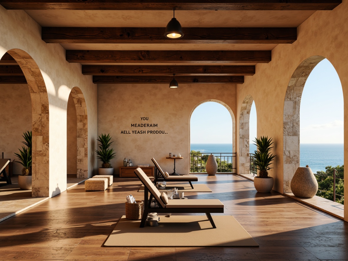 Prompt: Vibrant Mediterranean fitness studio, warm beige walls, dark wood flooring, sleek modern equipment, mirrored columns, motivational quotes, natural stone accents, rustic wooden beams, soft warm lighting, floor-to-ceiling windows, breathtaking ocean views, sunny day, gentle sea breeze, refreshing ambient atmosphere, 1/1 composition, realistic textures, subtle shadows, warm color palette.