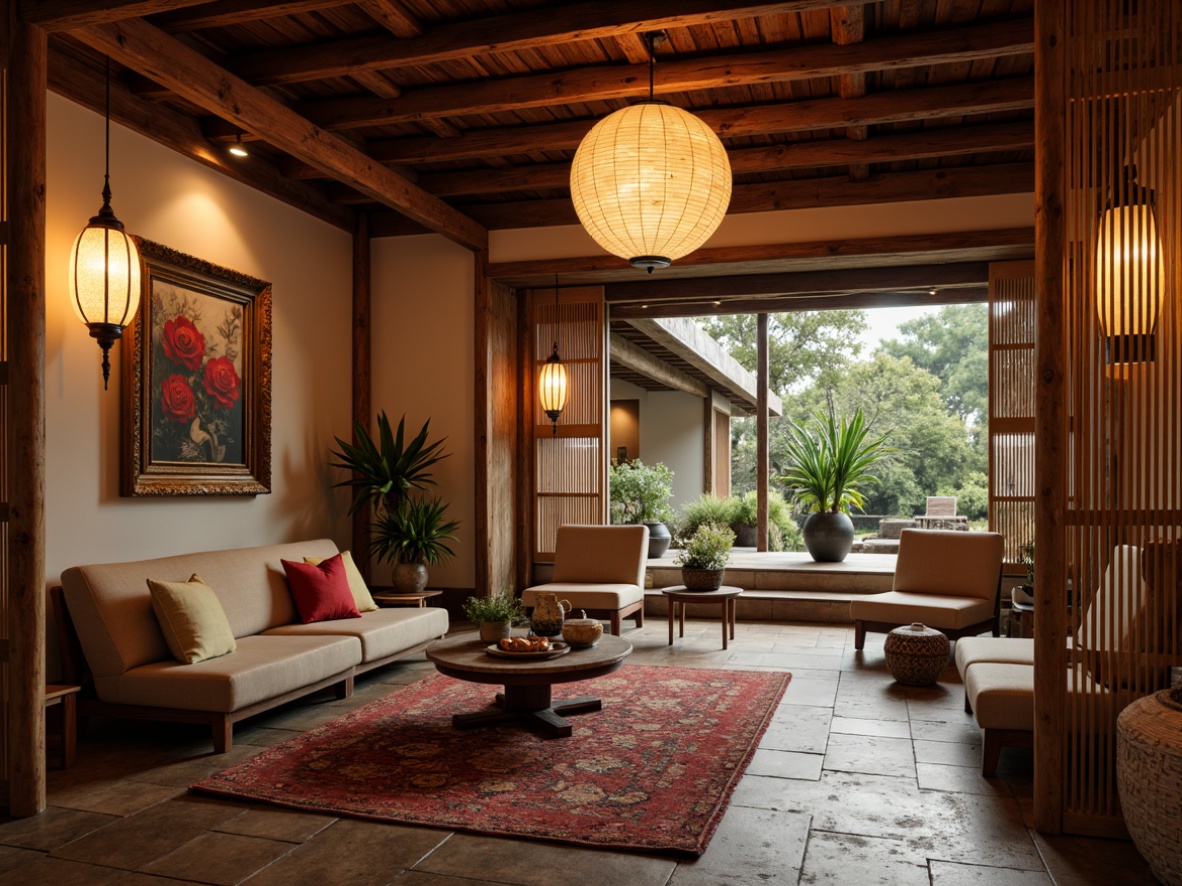 Prompt: Traditional Japanese paper lanterns, intricately carved wooden accents, woven bamboo furniture, natural stone flooring, rustic clay walls, vibrant silk fabrics, delicate ceramic vases, ornate metalwork, subtle fragrance of incense, warm soft lighting, shallow depth of field, 3/4 composition, panoramic view, realistic textures, ambient occlusion.