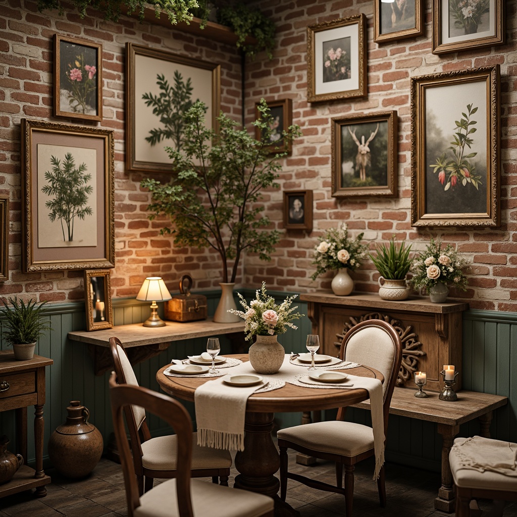 Prompt: Distressed wooden frames, vintage floral patterns, soft pastel colors, ornate mirrors, lace trimmings, rustic metal accents, weathered brick walls, faded velvet fabrics, antique furniture pieces, distressed finishings, natural linen textures, warm candlelight, shallow depth of field, 1/1 composition, intimate atmosphere, romantic ambiance.