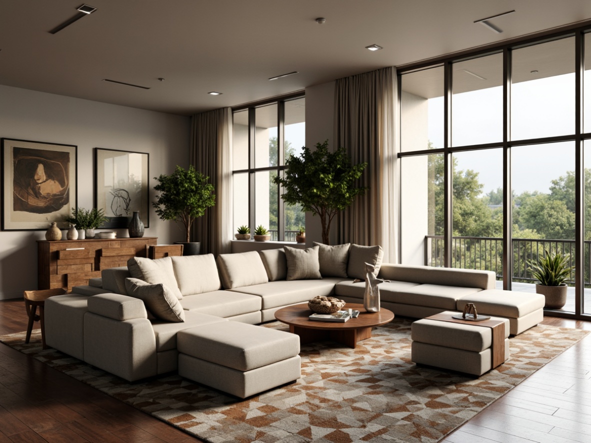 Prompt: Modern living room, sleek low-profile sofas, minimalist coffee tables, industrial metal chairs, reclaimed wood accents, geometric patterned rugs, floor-to-ceiling windows, neutral color palette, subtle textures, ambient lighting, 1/2 composition, shallow depth of field, realistic reflections, soft warm glow, abstract artwork, greenery, potted plants, natural materials, eco-friendly fabrics.