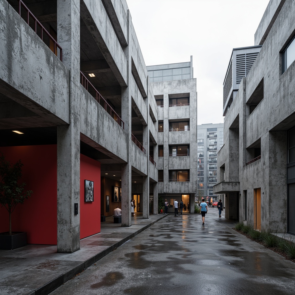 Prompt: Monochromatic brutalist building, rugged concrete texture, bold red accent wall, industrial metal beams, minimalist decor, functional architecture, urban cityscape, overcast sky, dramatic shadows, high contrast lighting, 1/1 composition, abstract geometric patterns, raw unfinished materials, cold atmospheric mood, gritty urban feel, distressed finishes, exposed ductwork, brutalist principles.