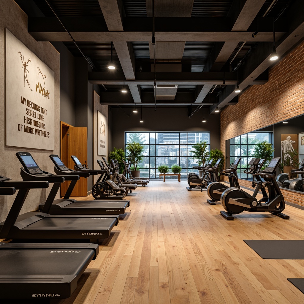 Prompt: Modern fitness center, high ceilings, industrial-chic design, sound-absorbing panels, acoustic diffusers, professional audio equipment, motivational quotes, dynamic lighting, wooden flooring, mirrored walls, state-of-the-art treadmills, free weights, exercise machines, group fitness areas, yoga mats, calm atmosphere, warm color scheme, soft background music, shallow depth of field, 2/3 composition, realistic textures, ambient occlusion.