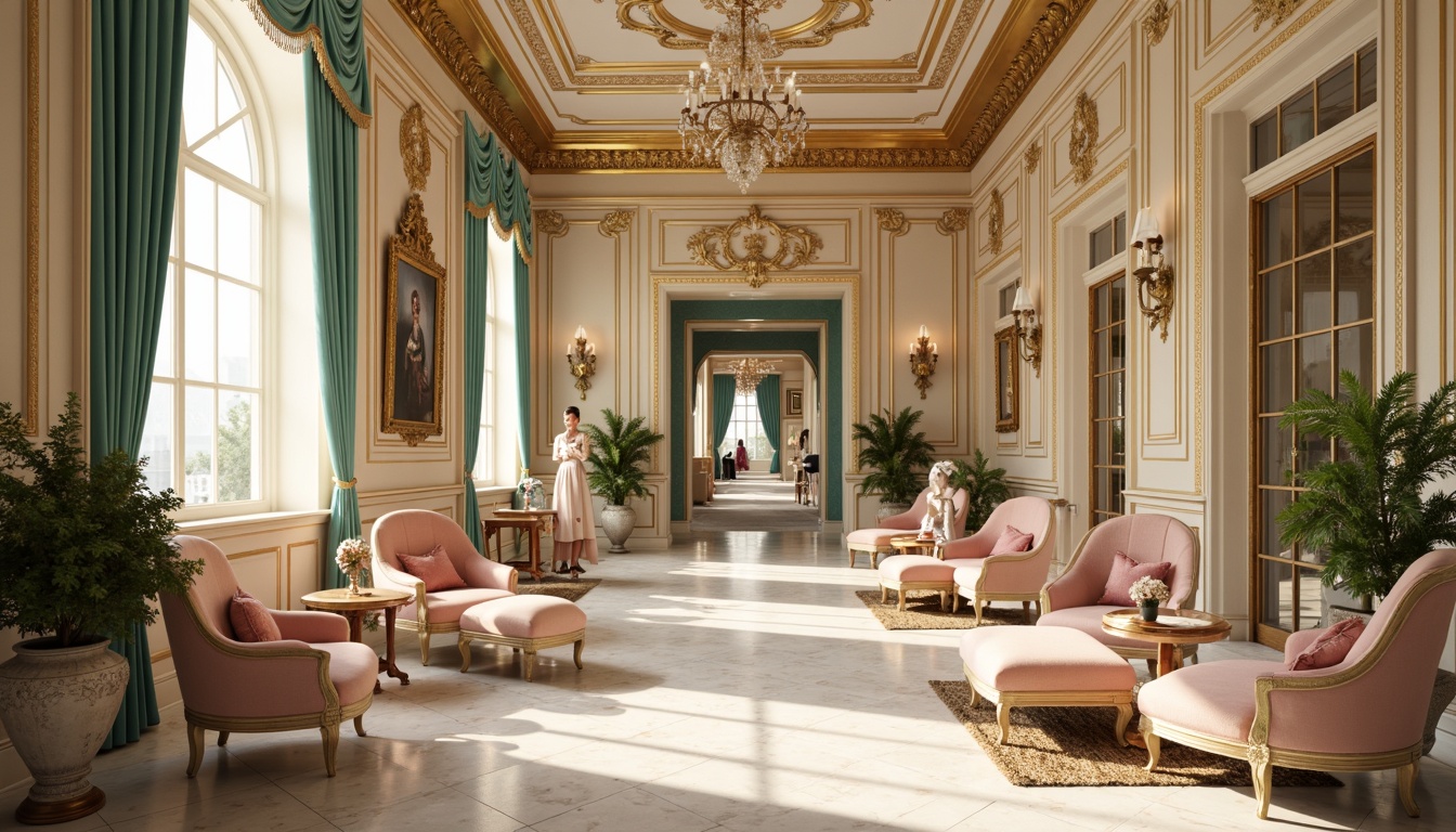 Prompt: Luxurious Rococo interiors, soft golden lighting, ornate furnishings, rich velvet fabrics, creamy marble surfaces, delicate porcelain vases, intricate carved wood details, pastel hues, pale pink accents, muted turquoise tones, ivory whites, warm beige backgrounds, elegant gold leafing, subtle crystal chandeliers, refined silk drapes, luscious greenery, whimsical patterns, dramatic archways, opulent furnishings, lavish decorations, soft focus, shallow depth of field, 1/1 composition, romantic ambiance.