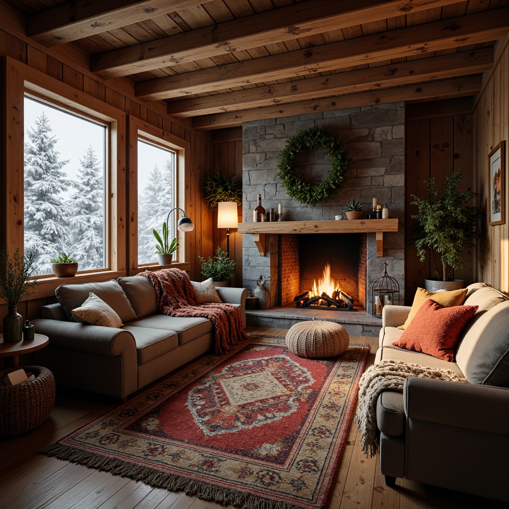 Prompt: Cozy cabin, rustic wooden walls, plush woven blankets, chunky knit throws, natural fiber rugs, earthy color palette, soft warm lighting, comfortable seating areas, crackling fireplace, snowflakes gently falling, frosty winter morning, rich velvet fabrics, intricate embroidery patterns, tactile rough-hewn wood accents, inviting ambiance, shallow depth of field, 1/2 composition, realistic textures, ambient occlusion.