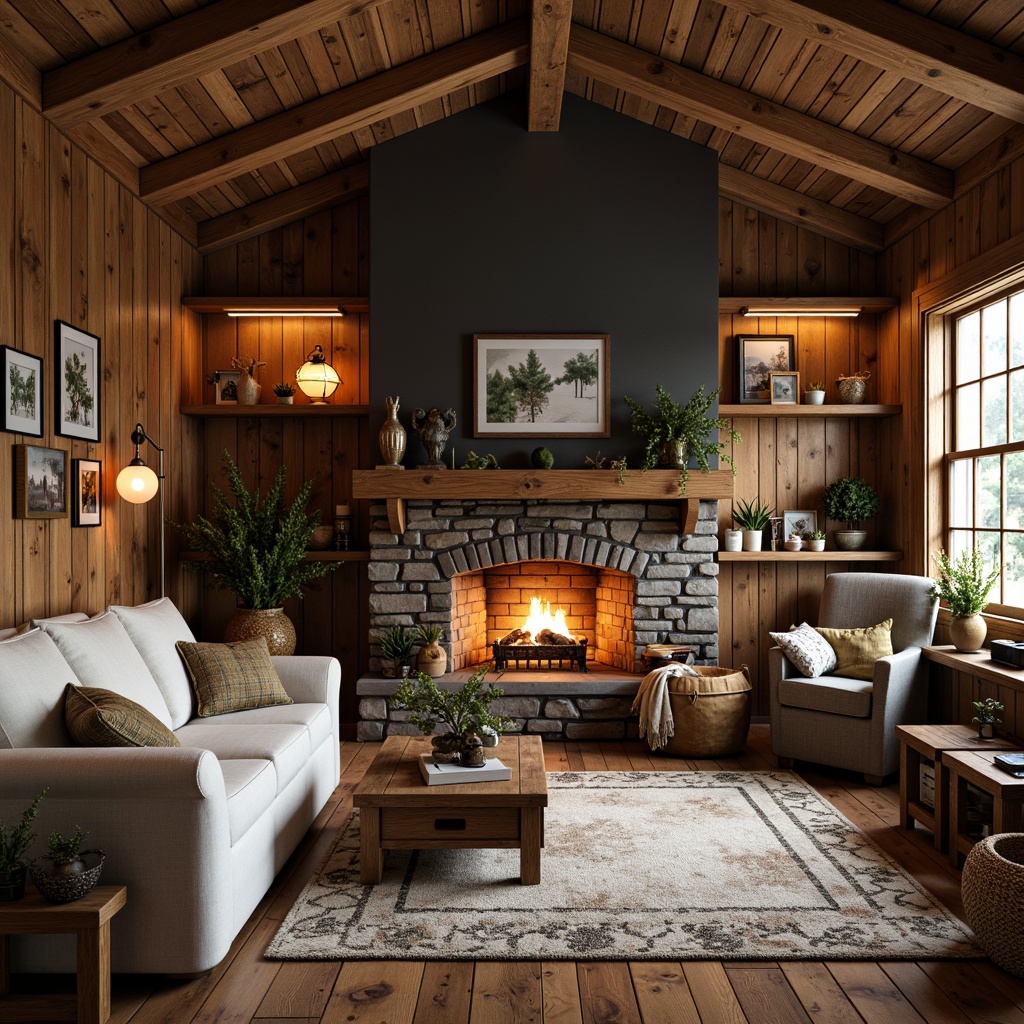 Prompt: Cozy cabin, wooden accents, natural stone fireplace, vintage decorations, distressed finishes, earthy color palette, warm soft lighting, plush furnishings, woven textiles, organic shapes, botanical patterns, antique fixtures, rough-hewn wood beams, lantern-style lighting, nature-inspired accessories, inviting atmosphere, relaxed ambiance, serene surroundings.