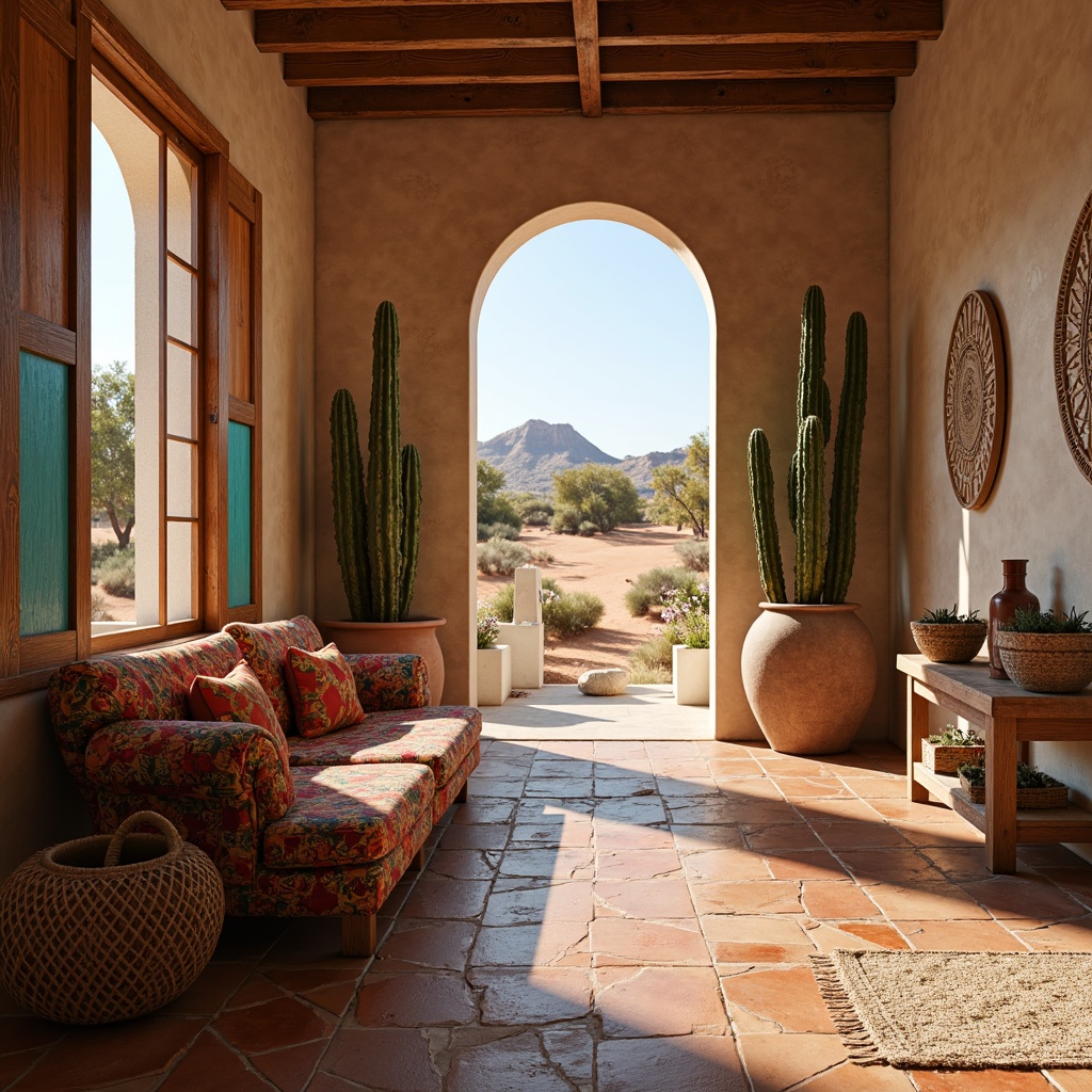 Prompt: Southwestern-inspired interior, rustic wooden flooring, distressed planks, earthy tones, terracotta tiles, natural stone patterns, woven textiles, vibrant Aztec prints, geometric inlays, warm beige hues, sandy dunes, desert landscape, cacti silhouettes, turquoise accents, sunny day, soft warm lighting, shallow depth of field, 3/4 composition, realistic textures, ambient occlusion.