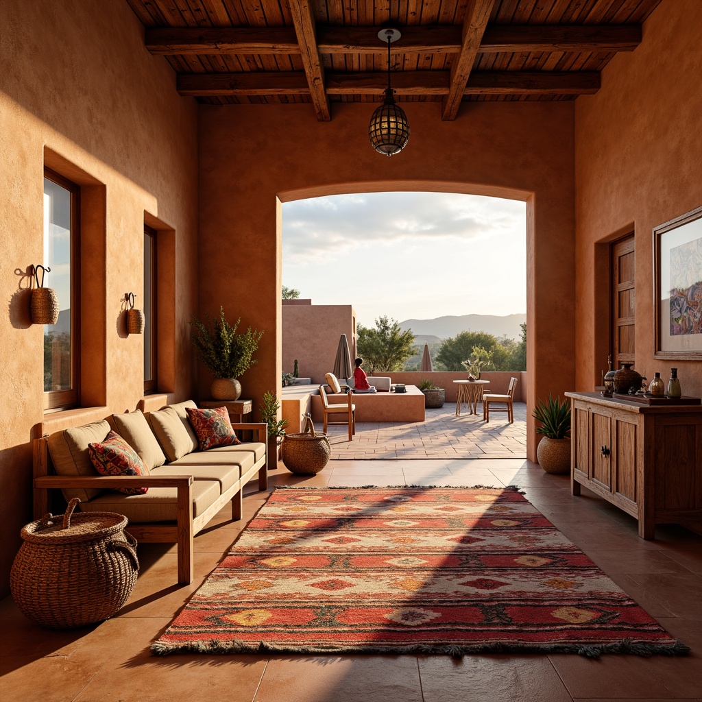 Prompt: Vibrant Native American patterned rugs, warm terracotta-hued stucco walls, rustic wooden furniture, woven wicker baskets, colorful Zapotec-inspired textiles, plush kilim pillows, earthy adobe architecture, arid desert landscape views, vast open spaces, natural light-filled rooms, soft warm lighting, 3/4 composition, shallow depth of field, realistic textures, ambient occlusion.