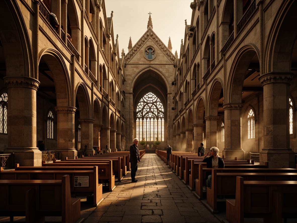 Prompt: Intricate stone carvings, grandiose ribbed vaults, stunning stained glass windows, ornate pinnacles, majestic flying buttresses, dramatic pointed arches, lavish ornamentation, richly textured brick facades, imposing spires, mystical ambiance, warm golden lighting, cinematic composition, atmospheric mist, mysterious shadows, 1/2 shot, symmetrical framing, high contrast ratio.