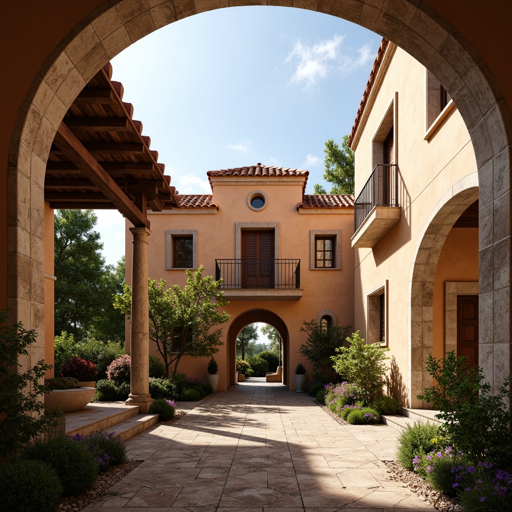 Prompt: Warm Mediterranean villa, curved arches, ornate columns, rustic stone walls, terracotta rooftops, colorful ceramic tiles, wrought iron balconies, lush greenery, blooming flowers, tranquil courtyard, soft natural lighting, warm earthy tones, textured stucco finish, wooden shutters, ornate doorways, decorative metalwork, intricate tile patterns, shallow depth of field, 1/1 composition, realistic textures, ambient occlusion.