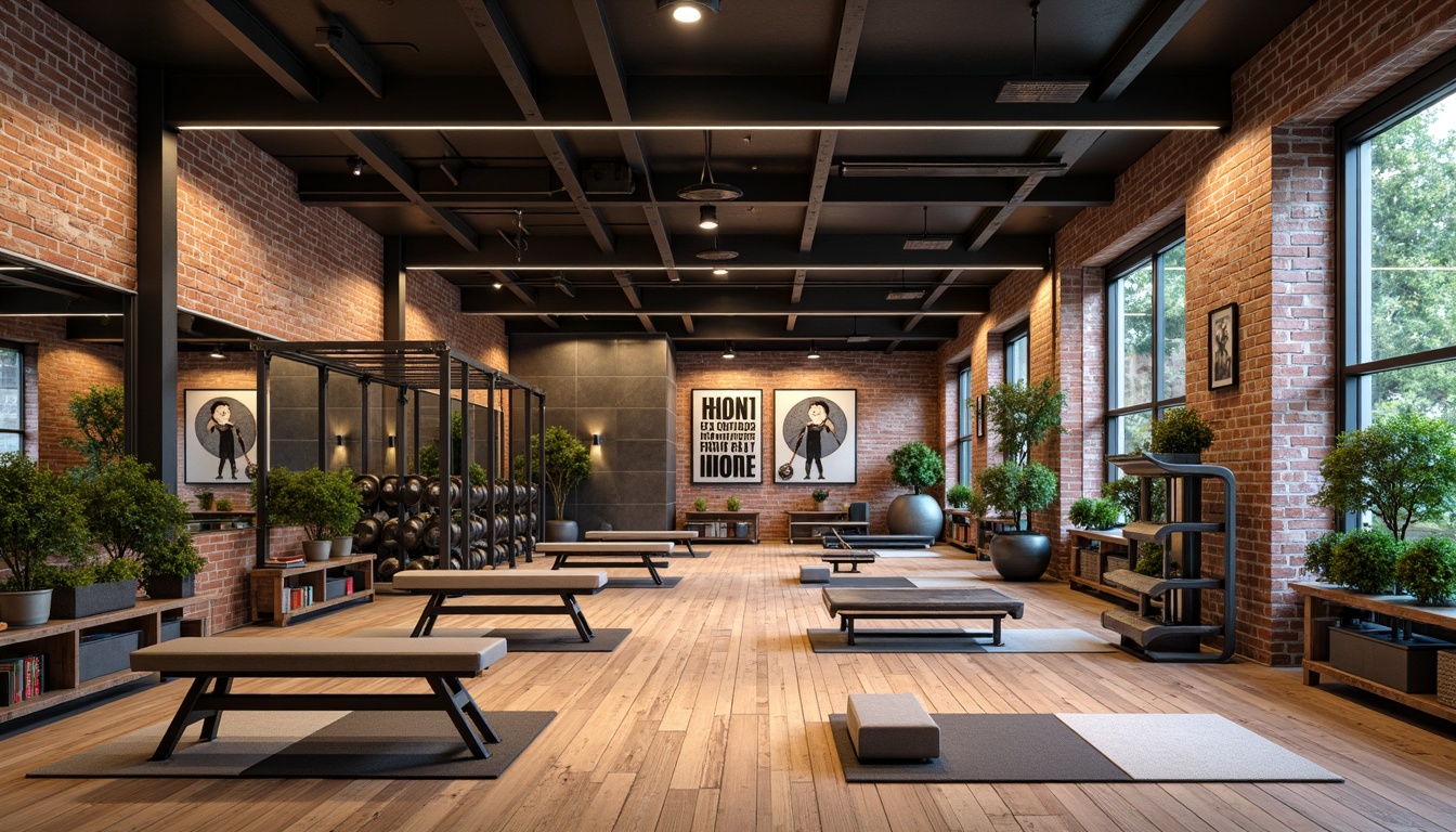 Prompt: Rustic home gym, reclaimed wood flooring, industrial metal beams, exposed brick walls, motivational quotes, modern fitness equipment, sleek steel frames, premium leather upholstery, vibrant color accents, textured concrete weights, natural stone benches, large mirrors, LED strip lighting, high ceilings, open layout, functional storage units, minimalist decor, ergonomic design, rubber floor mats, sound-absorbing panels, refreshing ventilation systems, calming greenery, modern abstract art.