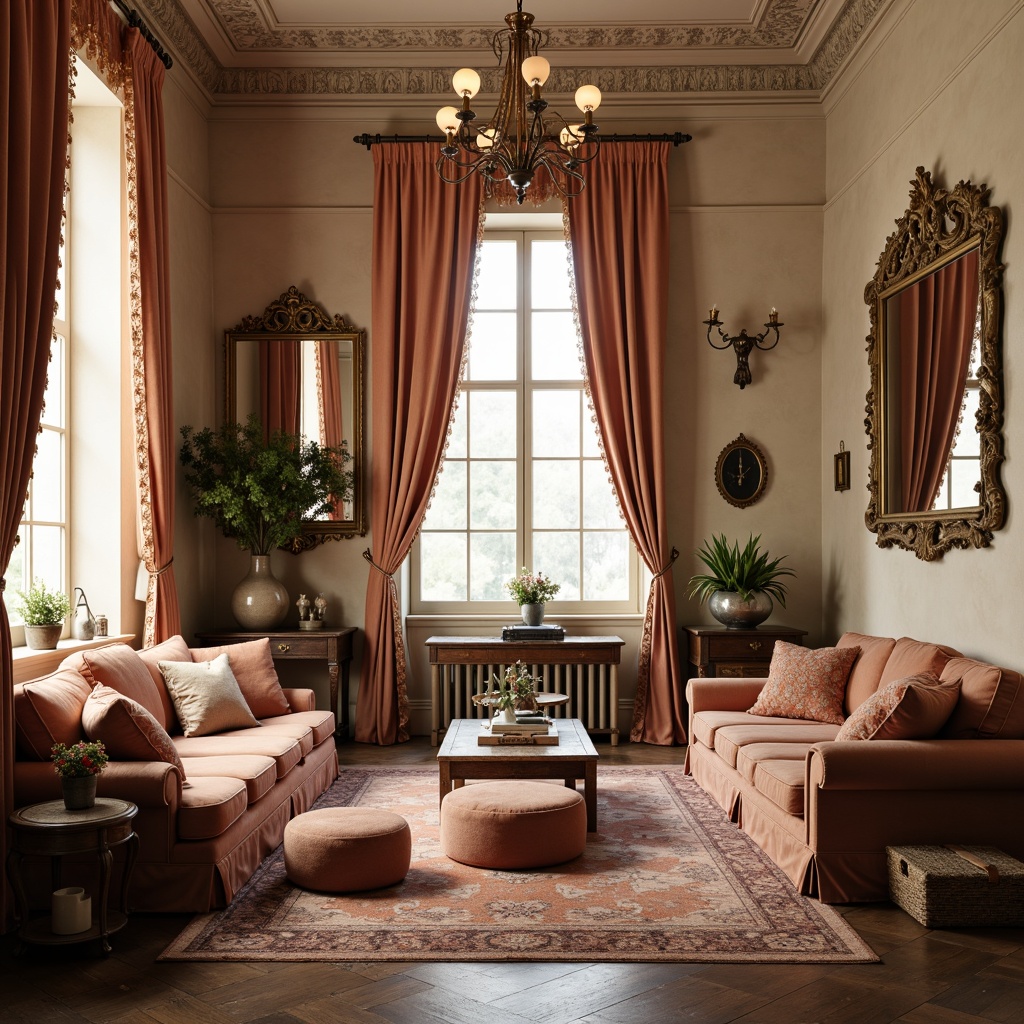 Prompt: Distressed velvet fabrics, vintage lace trims, soft peach hues, ornate wooden furniture, distressed finishes, floral patterns, ruffled curtains, antique bronze lighting, worn leather sofas, tufted ottomans, decorative mirrors, distressed wood floors, elegant chandeliers, natural light pouring in, warm beige walls, cozy reading nooks, comfortable workspaces, rustic metal accents, soft focus photography, 1/2 composition, warm golden lighting.