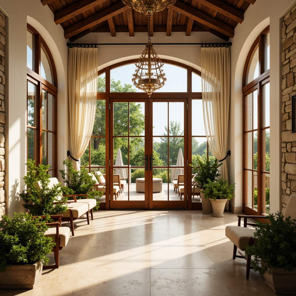 Prompt: Elegant sunroom, classic French doors, ornate wooden frames, creamy white walls, warm beige flooring, lush greenery, vibrant flowers, natural stone accents, rustic wooden beams, soft cream-colored curtains, delicate lace trim, ornate chandeliers, warm golden lighting, shallow depth of field, 1/1 composition, panoramic view, realistic textures, ambient occlusion.