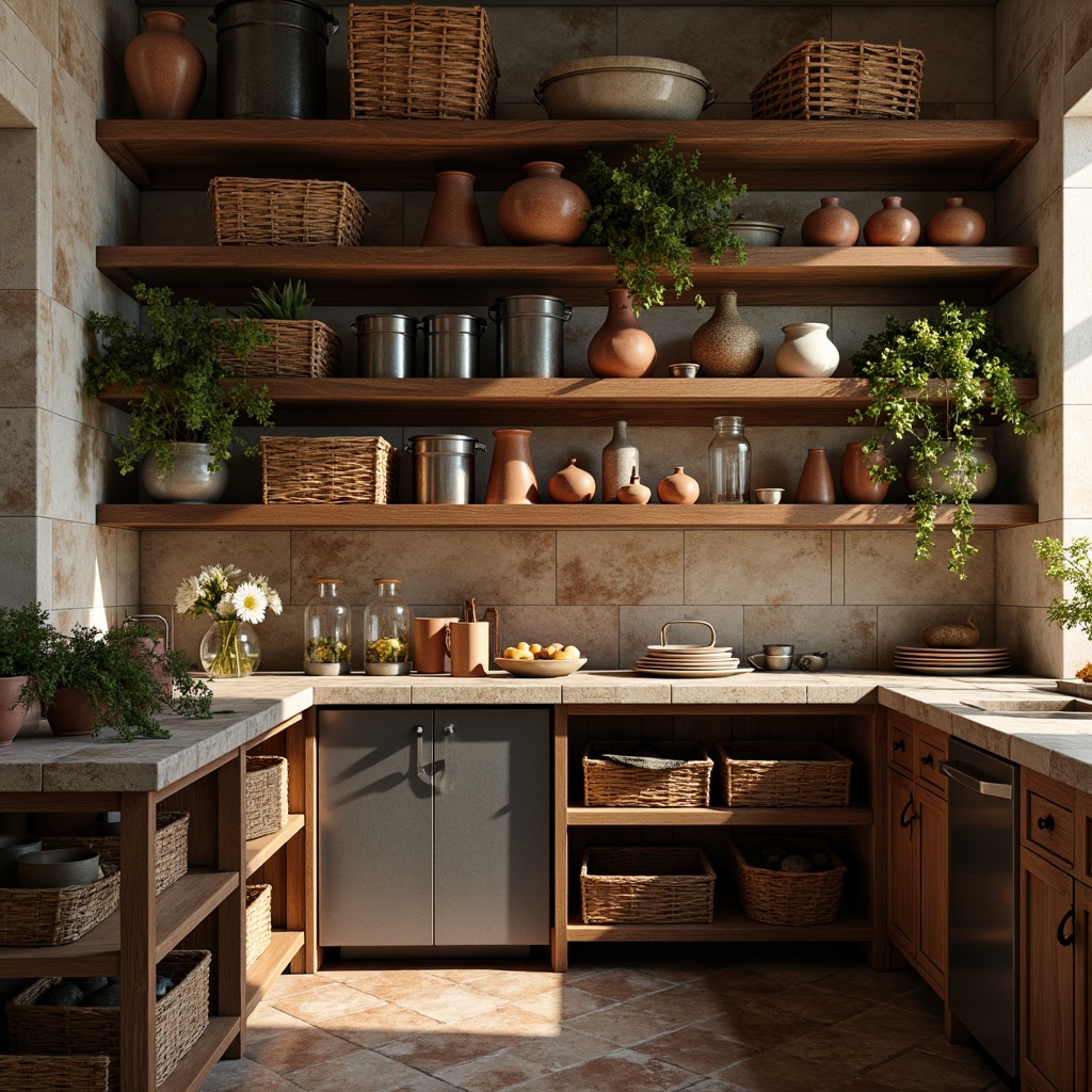 Prompt: Rustic pantry, worn wooden shelves, distressed metal containers, vintage ceramic jars, earthy terracotta pots, woven wicker baskets, rough-hewn stone countertops, aged copper accents, warm golden lighting, soft focus, shallow depth of field, 1/2 composition, natural textures, ambient occlusion, expressionist brushstrokes.