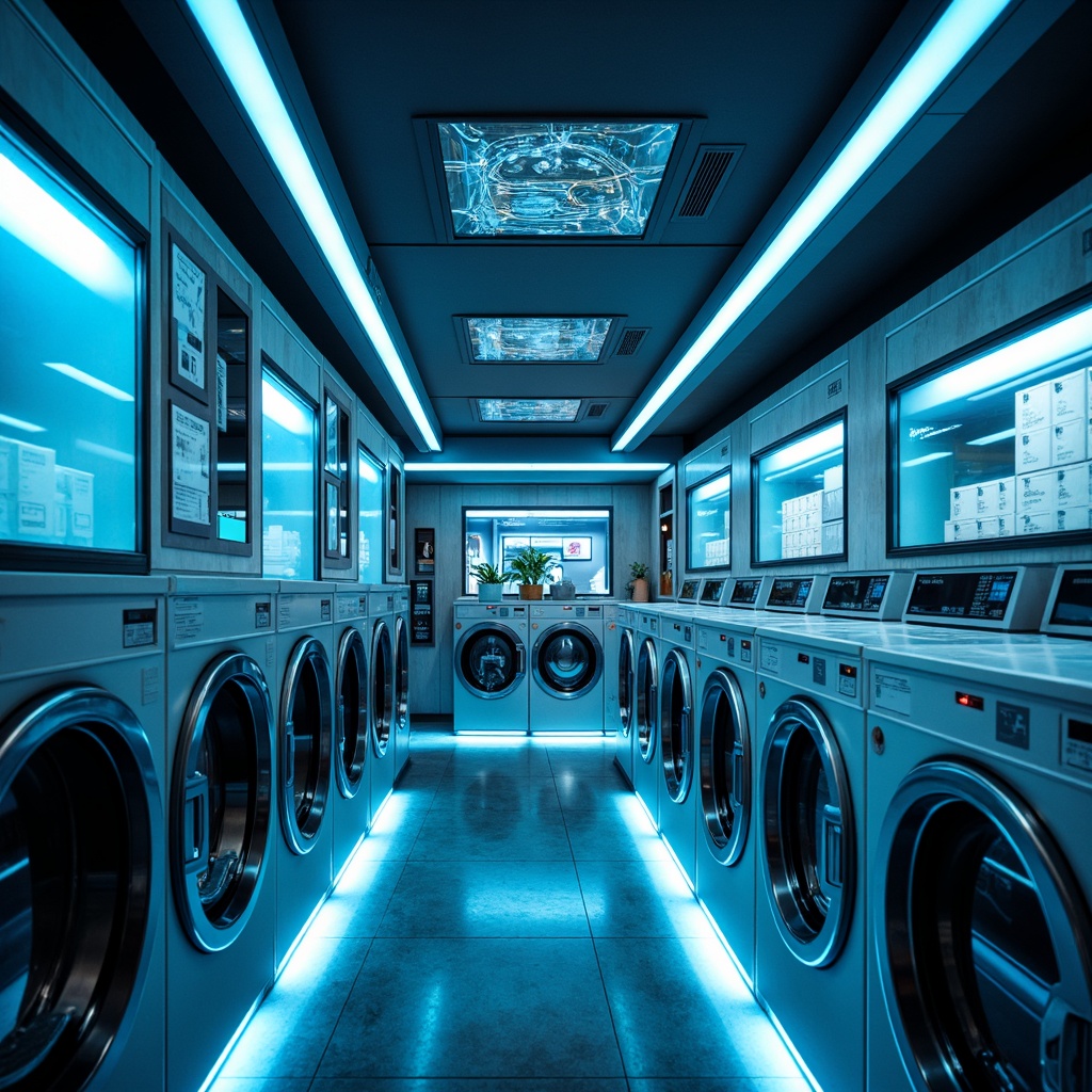 Prompt: Futuristic laundry space, sleek metallic surfaces, neon-lit ambiance, circular washing machines, glowing blue LED lights, translucent glass doors, recycled plastic walls, bamboo flooring, eco-friendly detergent dispensers, energy-harvesting ceiling tiles, minimalist design, circular windows, soft diffused lighting, shallow depth of field, 1/2 composition, realistic reflections, ambient occlusion.