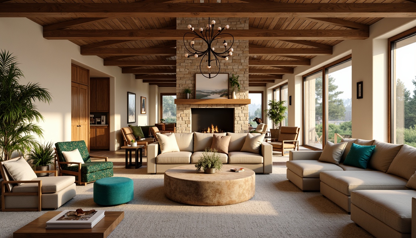 Prompt: Cozy great room, warm earthy tones, rich wood accents, plush furniture, soft velvety textures, natural stone fireplace, comfortable seating area, elegant chandelier, large windows, abundant natural light, neutral beige walls, pops of vibrant turquoise, creamy whites, warm golden lighting, shallow depth of field, 3/4 composition, realistic renderings.