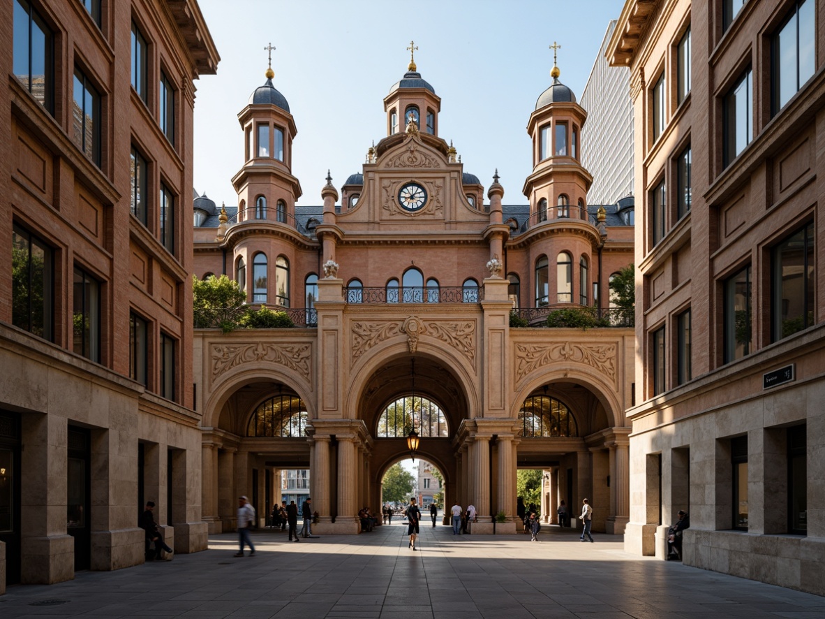 Prompt: Ornate Gothic Revival facade, grand entrance archways, intricately carved stone columns, stained glass windows, ornamental metalwork, patterned brick walls, decorative cornices, majestic clock towers, imposing central domes, symmetrical composition, warm golden lighting, soft focus effects, 1/1 aspect ratio, atmospheric perspective, realistic textures, subtle ambient occlusion.