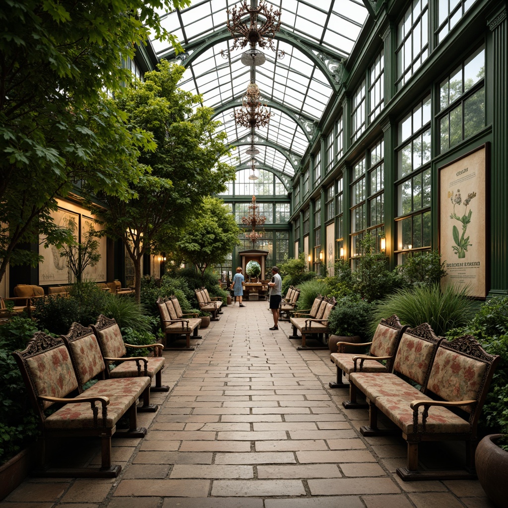 Prompt: Elegant greenhouse interior, lush greenery, vintage Victorian style furniture, ornate wooden benches, distressed metal chairs, antique botanical prints, natural stone flooring, intricate ironwork, grand chandeliers, soft warm lighting, shallow depth of field, 3/4 composition, panoramic view, realistic textures, ambient occlusion.