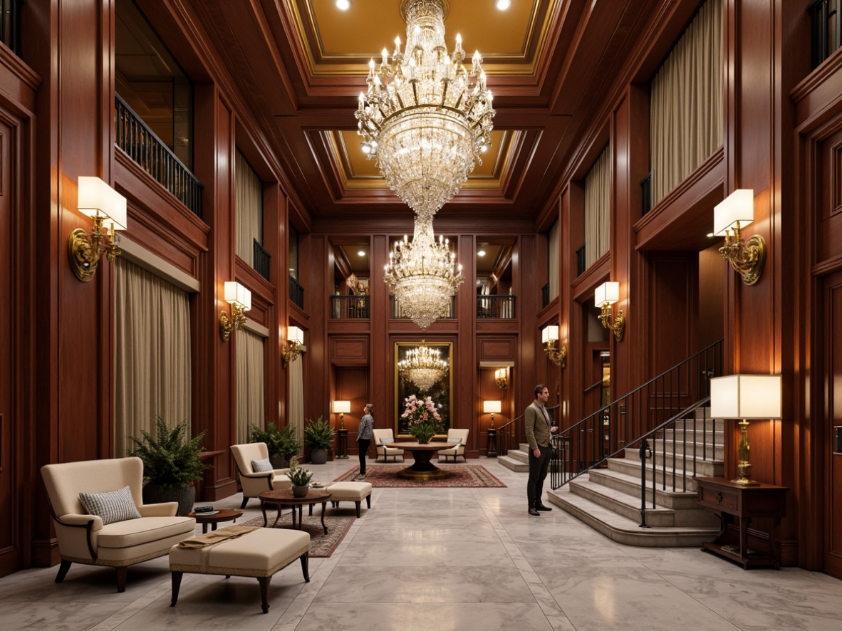 Prompt: Elegant crystal chandeliers, ornate gold sconces, refined bronze table lamps, luxurious velvet drapes, rich wood paneling, stately columns, grand staircase, opulent marble floors, sophisticated crown molding, lavish furnishings, warm soft lighting, subtle shadows, dramatic ceiling heights, symmetrical composition, harmonious color palette, realistic textures, ambient occlusion.