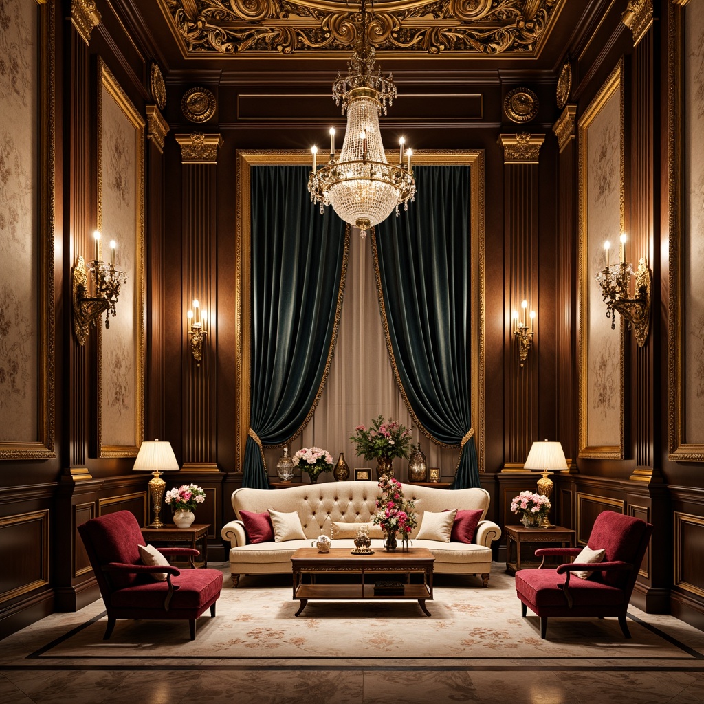 Prompt: Opulent Rococo-inspired interior, lavish furnishings, intricately carved wooden frames, ornate gilded details, luxurious velvet upholstery, rich jewel-toned fabrics, curved lines, shell-shaped motifs, crystal chandeliers, marble flooring, dramatic drapery, soft warm lighting, 1/1 composition, shallow depth of field, romantic atmosphere.