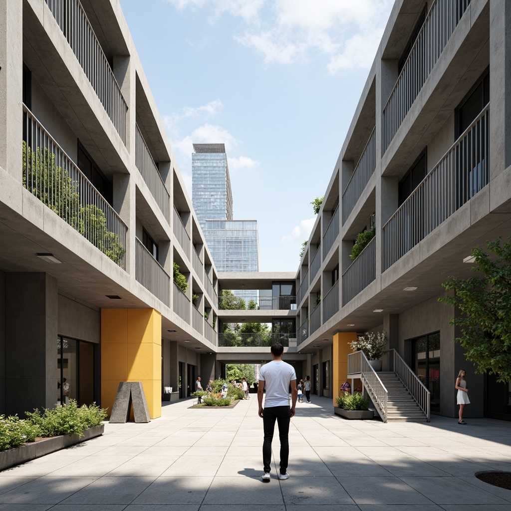 Prompt: Minimalist open courtyard, geometric shapes, clean lines, industrial materials, exposed ductwork, functional simplicity, natural light, airy atmosphere, sleek metal railings, cantilevered staircases, rectangular forms, primary color accents, bold typography, urban landscape, modern cityscape, bustling street life, sunny day, high contrast lighting, dramatic shadows, 1/1 composition, symmetrical framing, abstract textures, ambient occlusion.