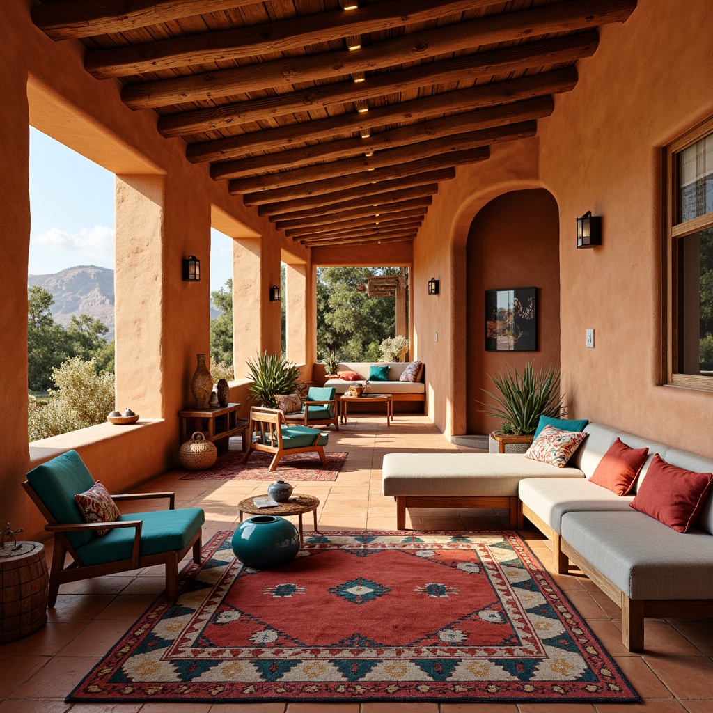 Prompt: Vibrant Navajo-inspired fabrics, bold geometric patterns, earthy terracotta hues, natural fiber textiles, woven baskets, rustic wooden accents, plush area rugs, warm golden lighting, cozy reading nooks, desert landscape views, adobe-style architecture, clay-toned walls, turquoise accents, Southwestern-style pottery, hand-carved wooden furniture, soft suede upholstery, ambient occlusion, 1/1 composition, realistic textures.