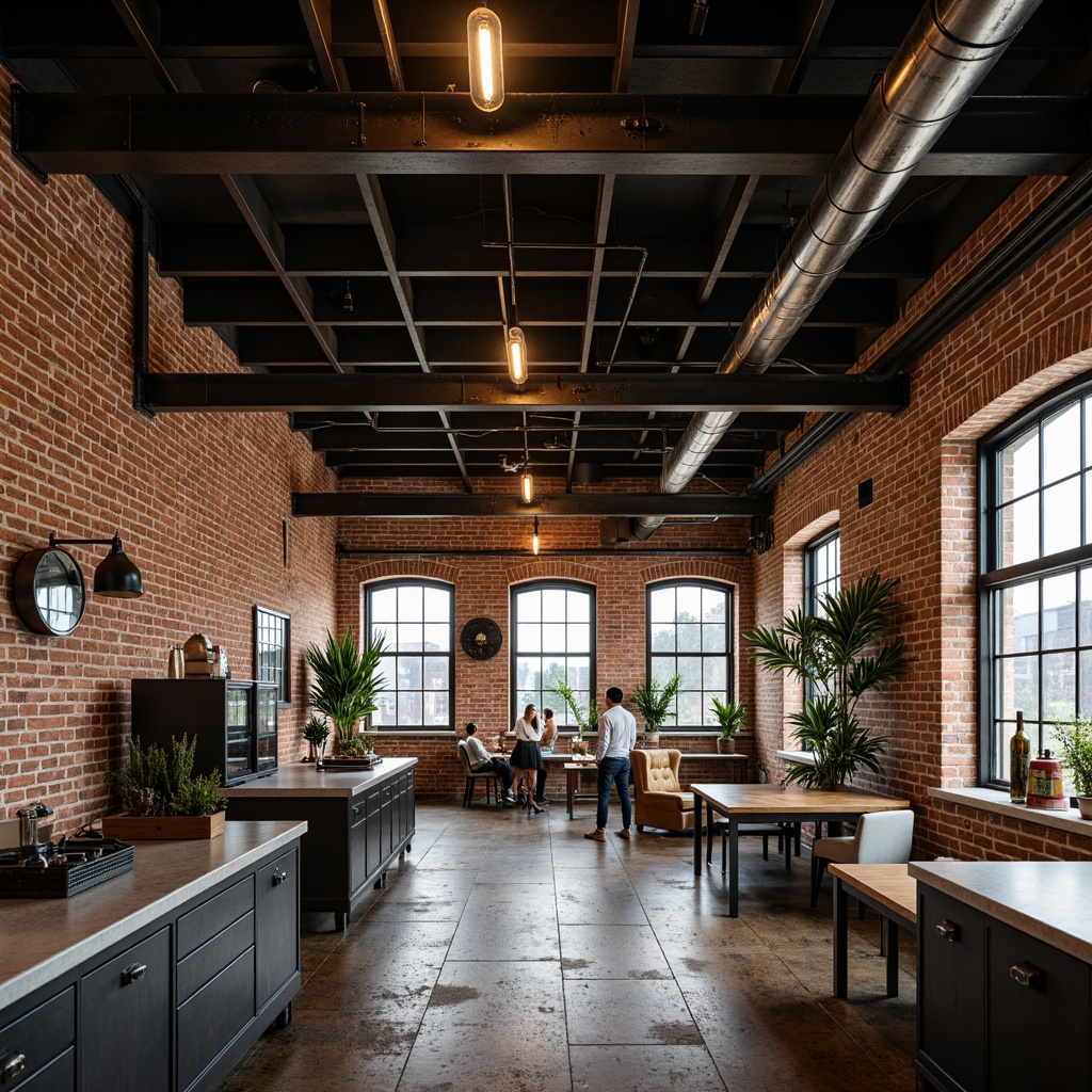 Prompt: Exposed brick walls, metal beams, industrial-style lighting fixtures, reclaimed wood floors, distressed finishes, urban loft atmosphere, minimal decor, functional furniture, steel windows, concrete countertops, Edison bulbs, mechanical equipment, rugged textures, neutral color palette, high ceilings, open spaces, modern industrial chic, dramatic shadows, low-key ambient lighting, 1/1 composition, symmetrical framing.