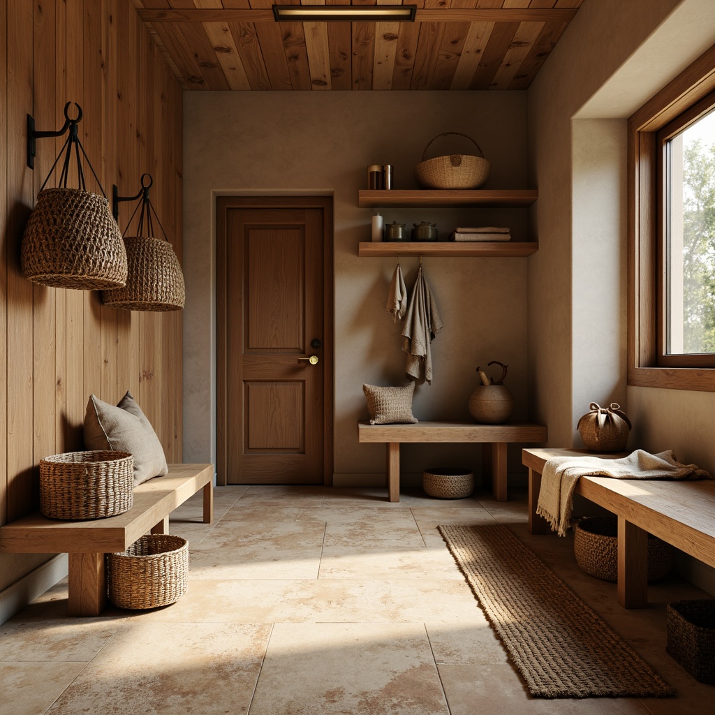 Prompt: Earthy mudroom, natural stone flooring, rustic wooden accents, earthy brown walls, warm beige benches, woven wicker storage, nature-inspired textiles, organic shapes, soft warm lighting, shallow depth of field, 3/4 composition, cozy atmosphere, realistic wood grains, ambient occlusion.