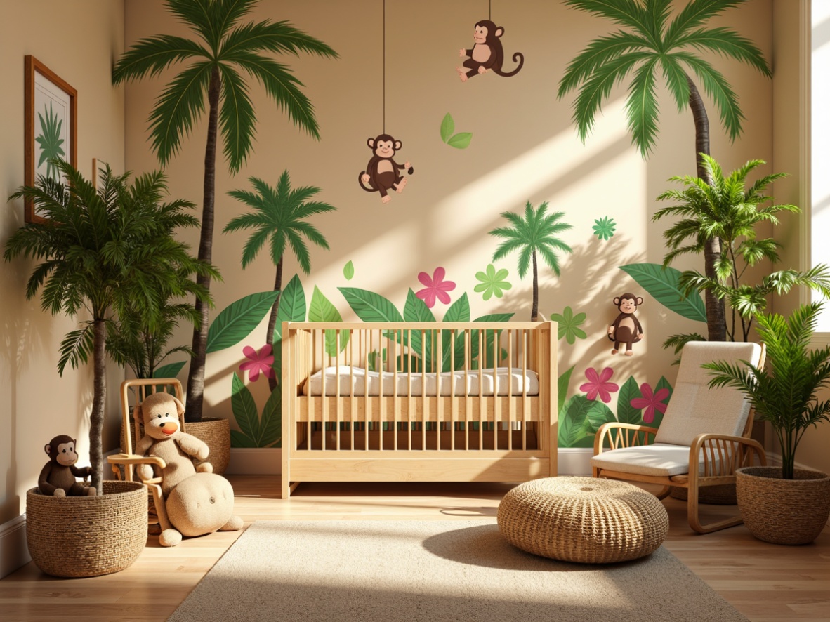 Prompt: Vibrant tropical baby room, warm beige walls, lush greenery, exotic palm trees, colorful floral patterns, whimsical monkey decals, soft pastel colors, natural woven baskets, rattan furniture, plush toy monkeys, sunny day, warm golden lighting, shallow depth of field, 1/1 composition, intimate view, realistic textures, ambient occlusion.