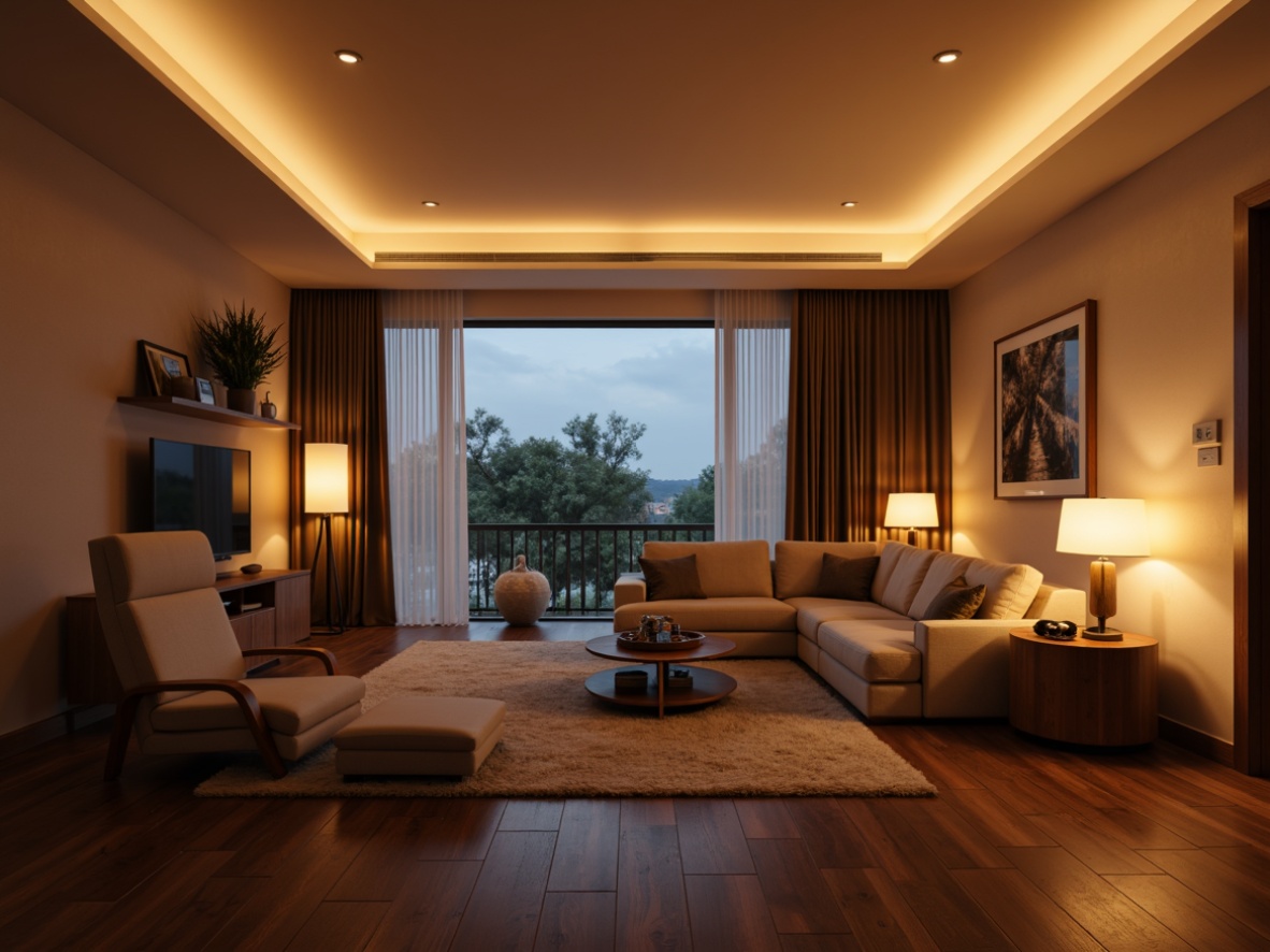 Prompt: Cozy living room, warm ambient lighting, soft glow, table lamps, floor lamps, LED strip lights, minimalist decor, neutral color palette, comfortable seating, plush carpets, wooden accents, modern furniture, sleek lines, functional layout, natural light pouring in, sheer curtains, indirect lighting, 1/1 composition, shallow depth of field, realistic textures, ambient occlusion.