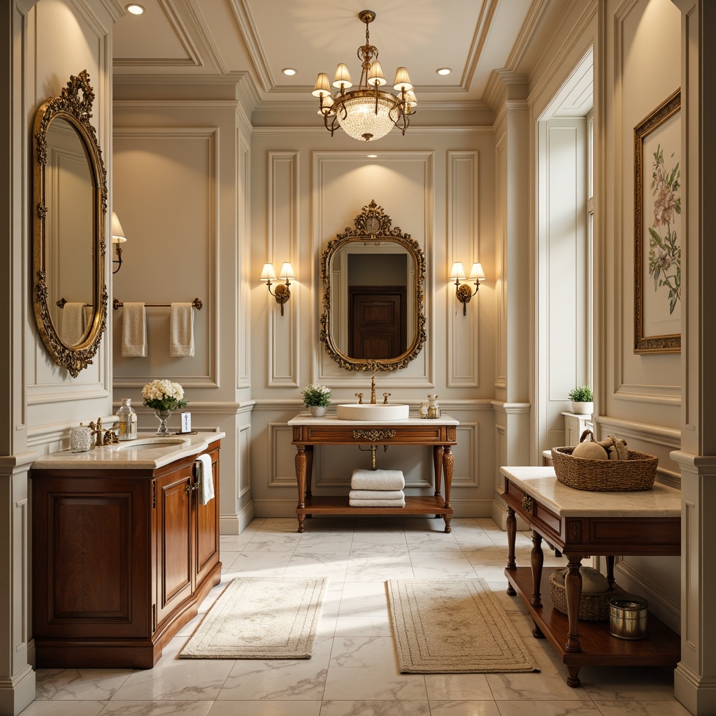 Prompt: Luxurious traditional powder room, marble flooring, ornate mirrors, crystal chandeliers, rich wood accents, plush area rugs, soft warm lighting, subtle sheen finish, herringbone pattern, high-gloss polish, elegant cream colors, sophisticated beige tones, intricate moldings, decorative wainscoting, classic furniture pieces, ornamental accessories, luxurious fabrics, serene ambiance, shallow depth of field, 1/1 composition.