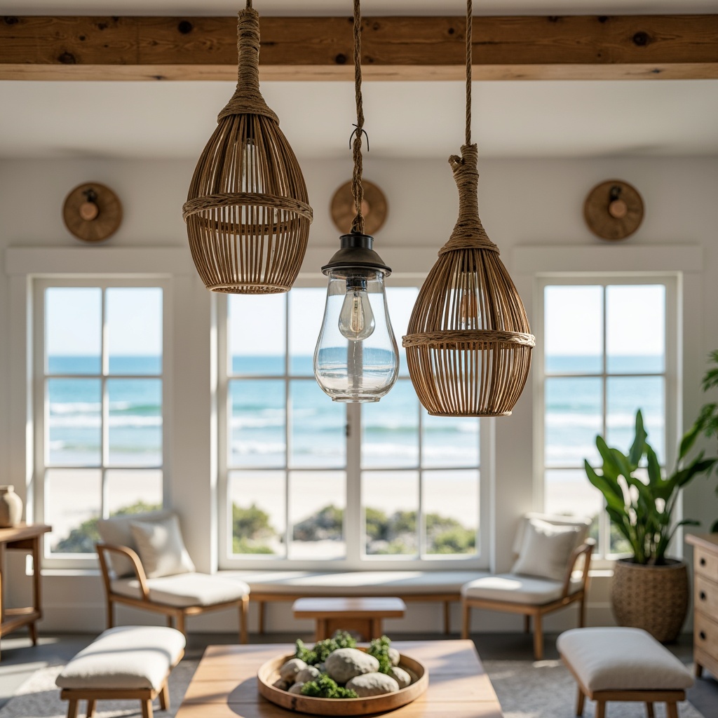 Prompt: Driftwood chandeliers, nautical rope pendants, glass pendant lights, weathered metal lanterns, natural linen shades, woven rattan fixtures, reclaimed wood sconces, ocean-inspired glass art, soft warm glow, coastal color palette, beachy textures, casual elegance, laid-back atmosphere, sea salt air, sunny days, shallow depth of field, 1/2 composition, panoramic view, realistic reflections.